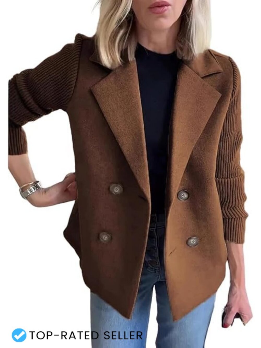 Cropped Wool Blend Pea Coat Knit Sweater Blazer Notch Lapel Double Breasted